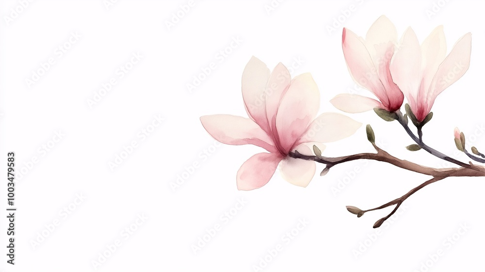 Delicate Pink Magnolia Blossoms on White Background