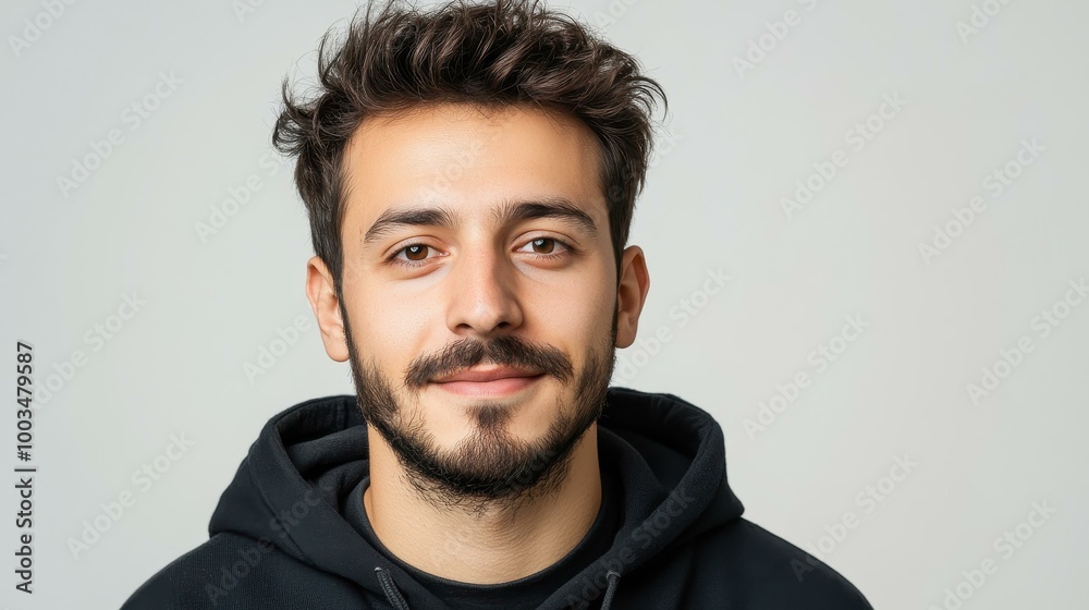 A captivating portrait of a Russian man in a black hoodie, showcasing his style against a clean white backdrop. A captivating portrait of a Russian man in a black hoodie, showcasing his style against a clean white backdrop.