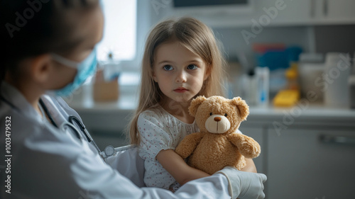 A young girl in a doctors office holding a teddy bear with a concerned look on her face about to get a shot vaccine vaccination
