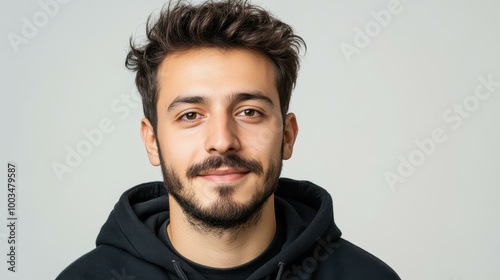 A captivating portrait of a Russian man in a black hoodie, showcasing his style against a clean white backdrop.