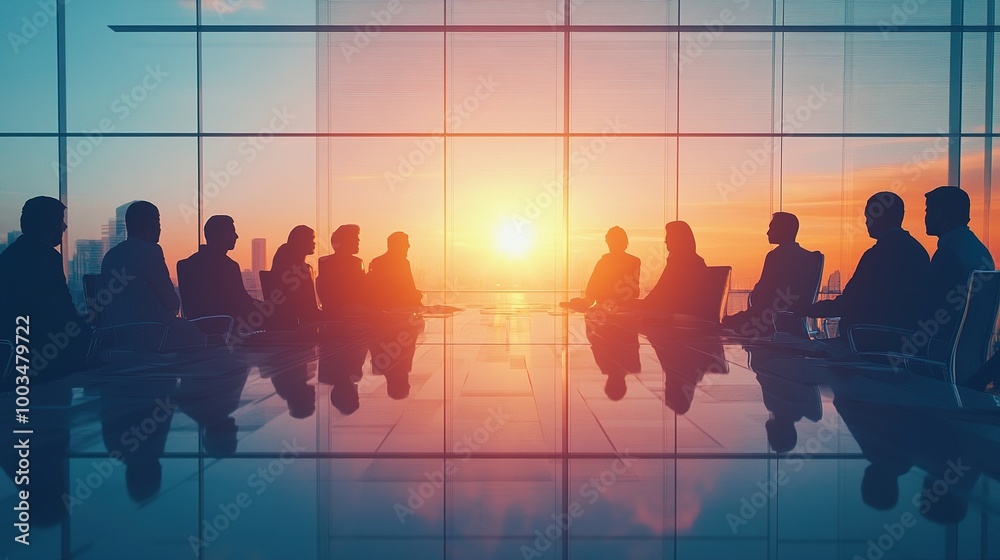 Business Meeting at Sunrise with Silhouetted Figures Business Meeting at Sunrise with Silhouetted Figures