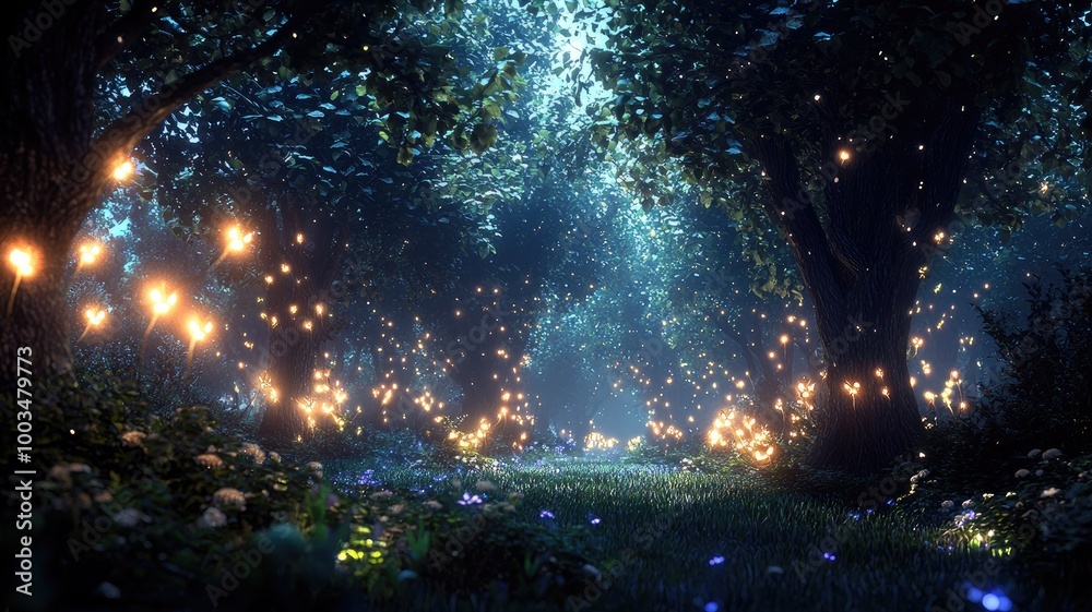 Enchanting Forest Path Illuminated by Glowing Lights Enchanting Forest Path Illuminated by Glowing Lights