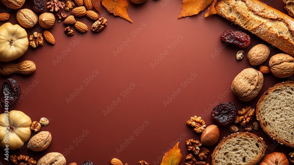 Harvest Snack Selection on Elegant Auburn Background | Cozy Autumn Evening Setting with Copyspace Above Harvest Snack Selection on Elegant Auburn Background | Cozy Autumn Evening Setting with Copyspace Above