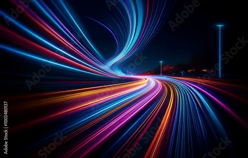 Abstract image of a curved road with colorful light trails created by fast moving vehicles.