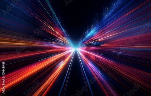 Abstract digital art featuring vibrant light streaks radiating outwards from a central vanishing point.