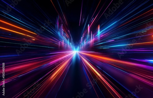 Abstract background of colorful, glowing lines radiating outward from the center of the image.