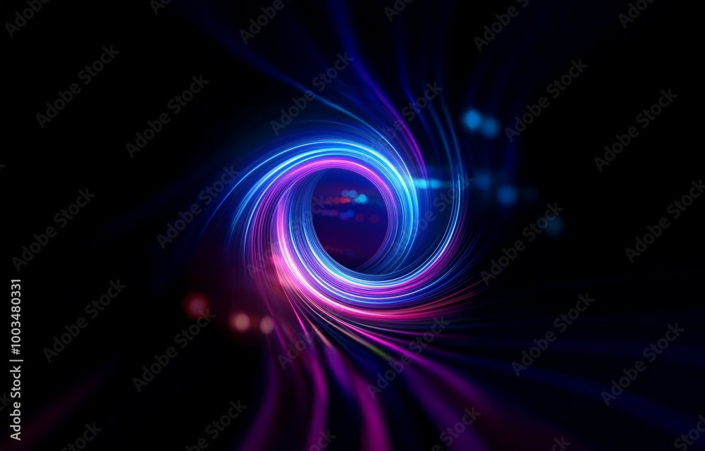 A glowing blue and purple spiral of light against a black background. A glowing blue and purple spiral of light against a black background.