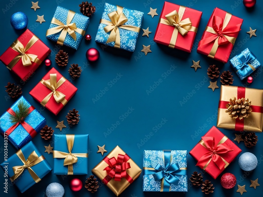 Merry Christmas greeting card, border wrapped presents gift boxes baubles stars pine cone, blue background, centre copy space Merry Christmas greeting card, border wrapped presents gift boxes baubles stars pine cone, blue background, centre copy space