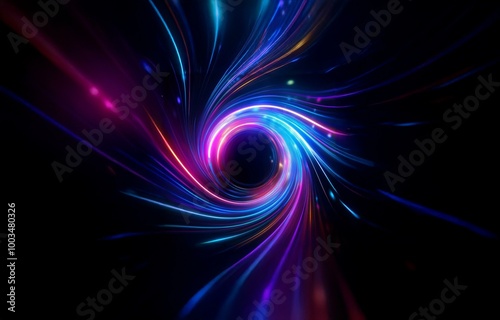 Abstract swirling neon lights form a circular vortex against a black background.