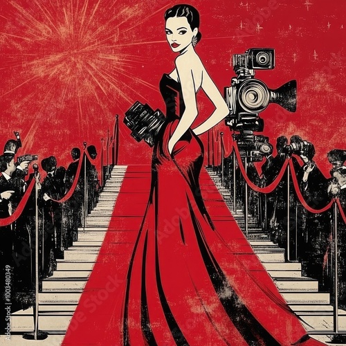 Red Carpet Glamour: A captivating illustration of a woman in a stunning red gown, gracefully descending a red carpet amidst flashing cameras and adoring fans.