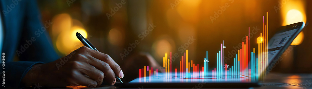 Close-up of a business person analyzing data on a tablet with colorful graphs and charts in a modern office setting, conveying productivity and innovation. Close-up of a business person analyzing data on a tablet with colorful graphs and charts in a modern office setting, conveying productivity and innovation.