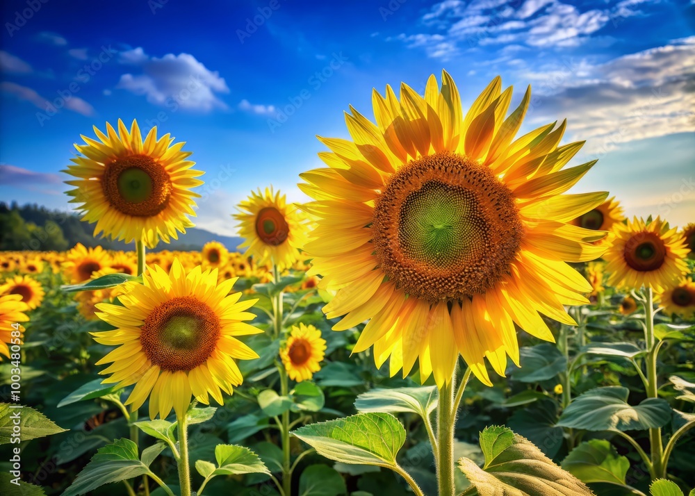 Fototapeta premium Vivid sunflowers stretch towards the radiant blue sky, their golden petals dancing in the gentle breeze, framed by