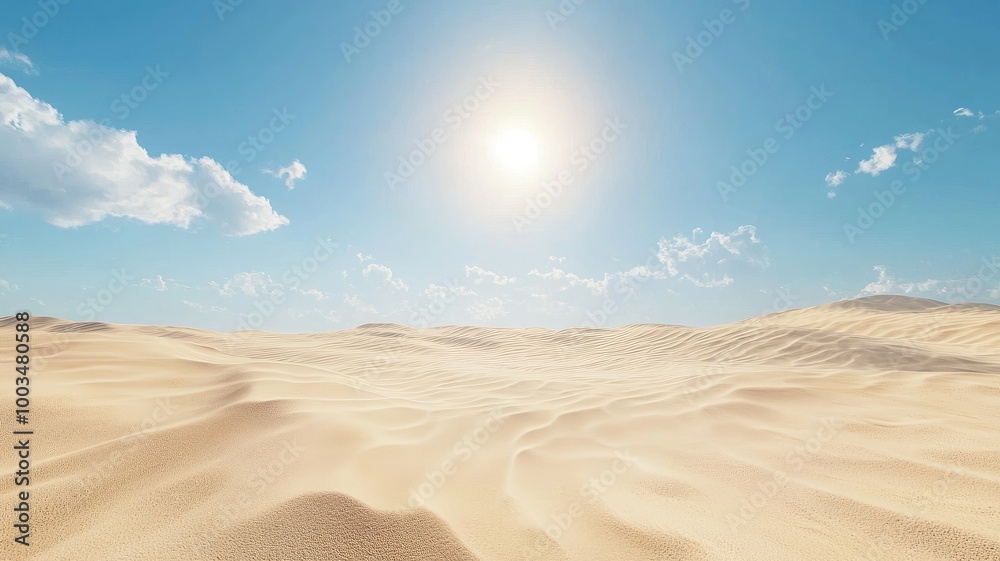 A vast, golden desert landscape under a bright blue sky with fluffy white clouds.