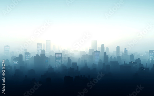 Silhouette of a city skyline at dawn with a hazy atmosphere. Soft light breaks through, creating a serene and atmospheric urban landscape.