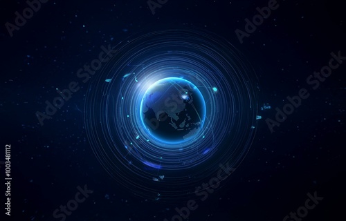 A blue glowing orb with a planet outline surrounded by concentric rings against a dark blue background.