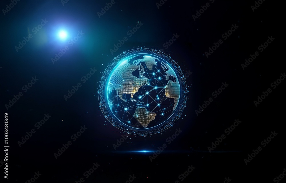 Naklejka premium A stylized digital representation of Earth with a glowing outline and network lines connecting across the surface.