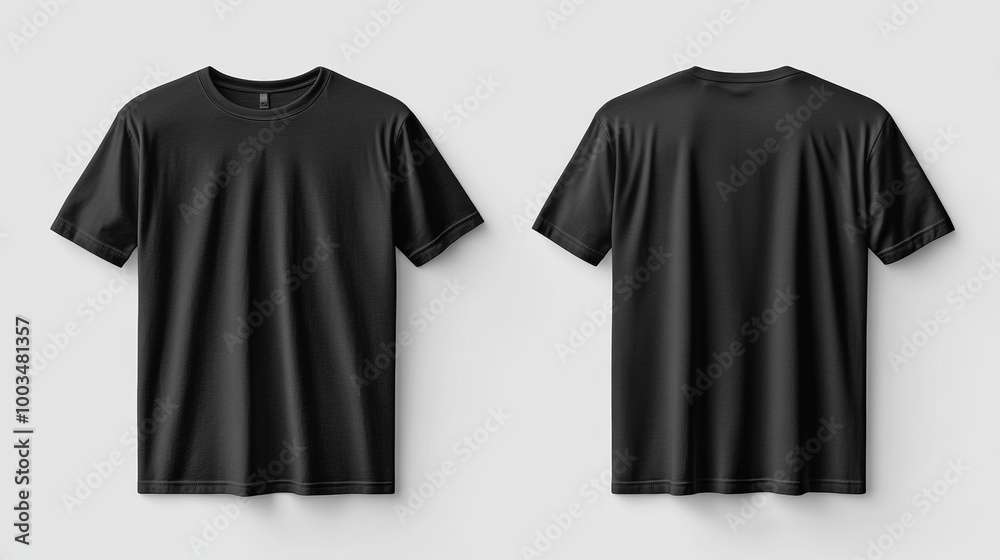 A black t-shirt isolated on white background. The shirt is a basic crew neck short-sleeved style, shown from the front and back. A black t-shirt isolated on white background. The shirt is a basic crew neck short-sleeved style, shown from the front and back.