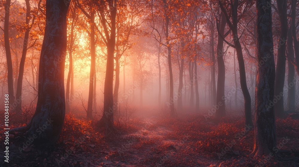 Misty Forest Path at Sunset with Red Leaves Misty Forest Path at Sunset with Red Leaves