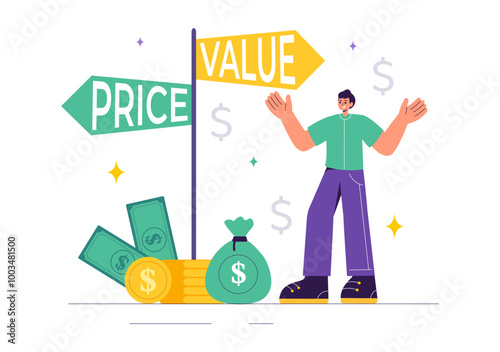 Vector Illustration of Comparing Prices and Inflation in the Economy, Showing Scales with Prices and Goods Values in a Flat Style Cartoon Background