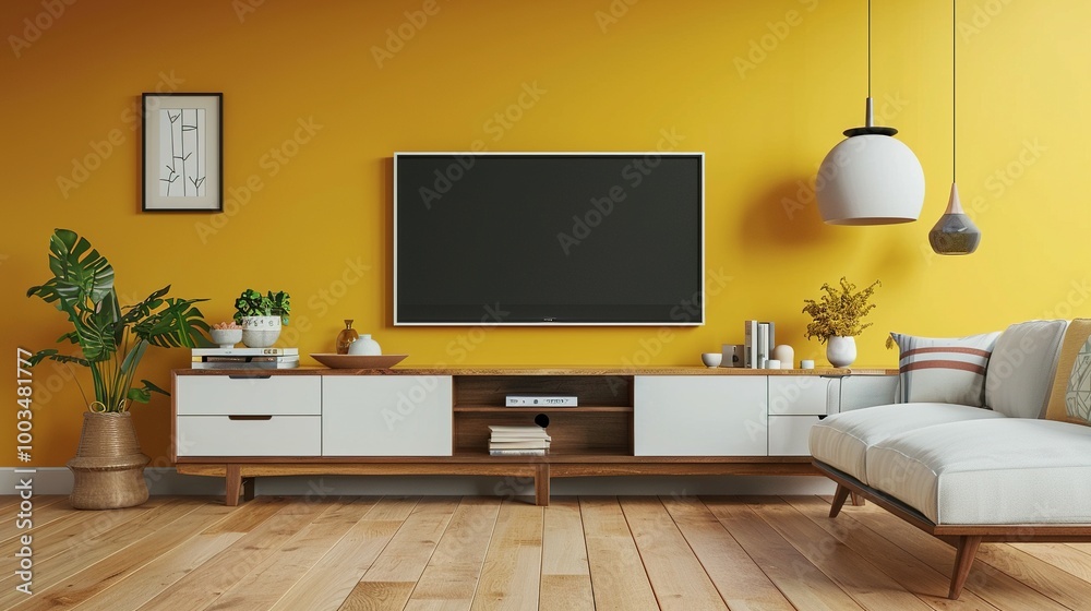 3D Render of a Modern Mid-Century Interior: Living Room Featuring White Sofa and Wooden TV Cabinets on Yellow Wall 3D Render of a Modern Mid-Century Interior: Living Room Featuring White Sofa and Wooden TV Cabinets on Yellow Wall