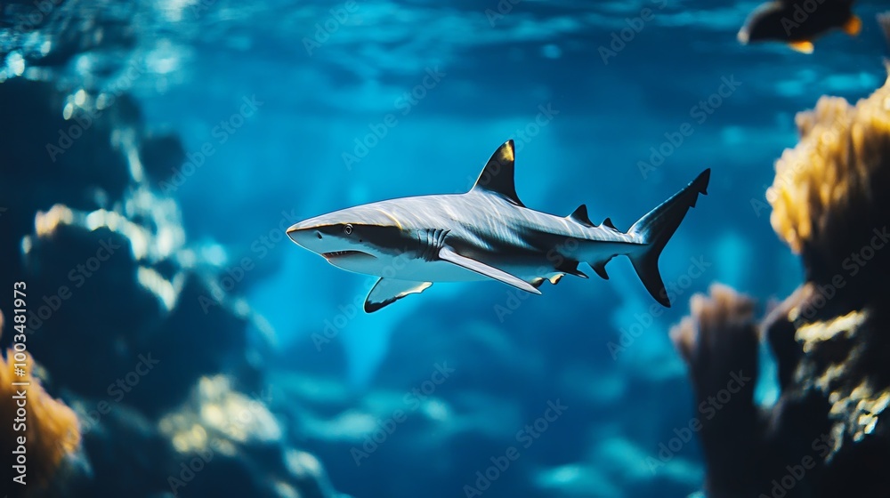 Fototapeta premium A blacktip reef shark swims gracefully through a clear blue ocean, with coral reefs visible in the background.