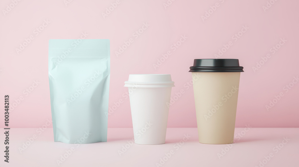 Zero waste coffee packaging flat design front view sustainable 3D render colored pastel Zero waste coffee packaging flat design front view sustainable 3D render colored pastel