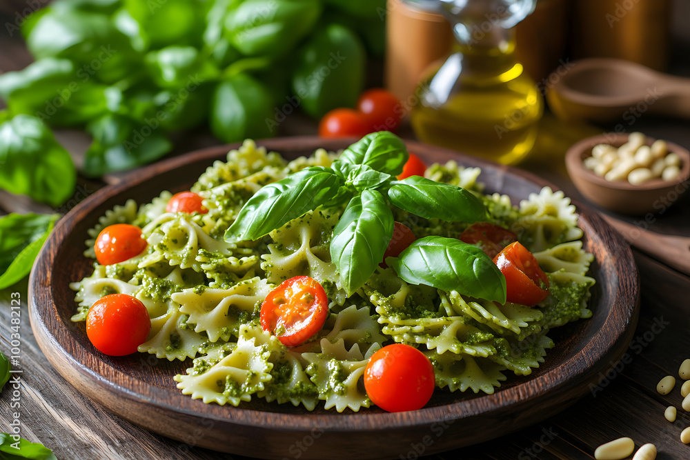 Farfalle pasta on a plate with wooden background. Farfalle pasta on a plate with wooden background.