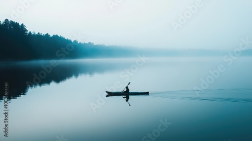 Serene scene of a lone kayaker paddling on a calm lake surrounded by misty forest at dawn, reflecting tranquility and nature's beauty.