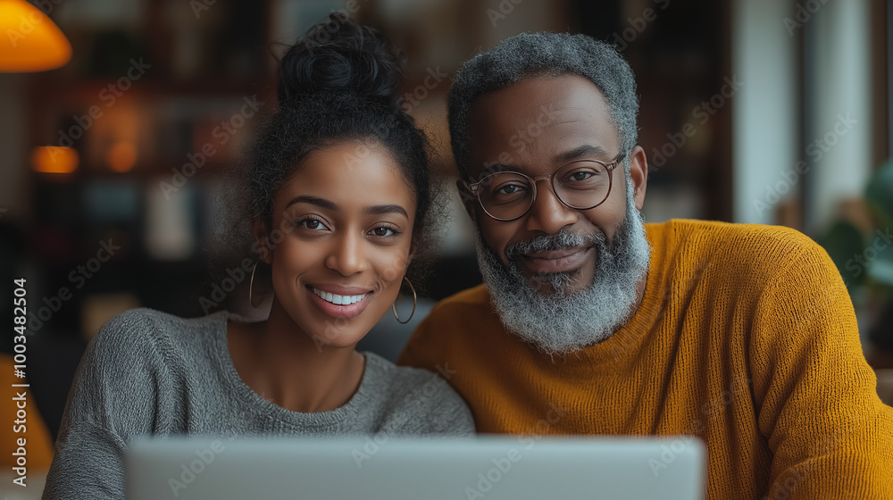 A man and a woman are smiling at the camera while looking at a laptop A man and a woman are smiling at the camera while looking at a laptop