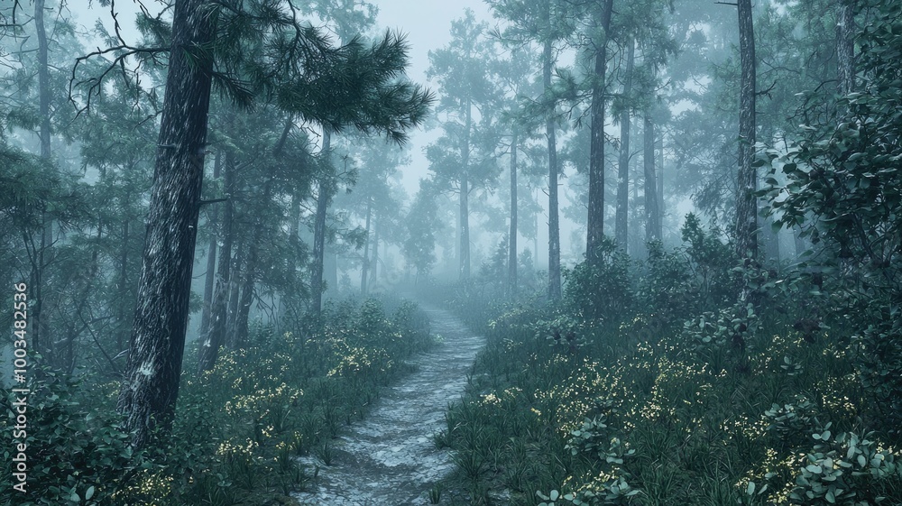 Fototapeta premium A Foggy Forest Path with Lush Greenery