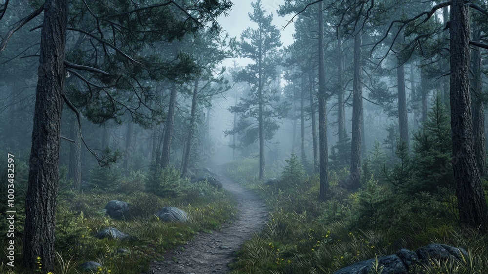 Fototapeta premium A Misty Forest Path Winding Through Tall Trees