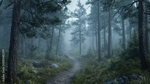 A Misty Forest Path Winding Through Tall Trees