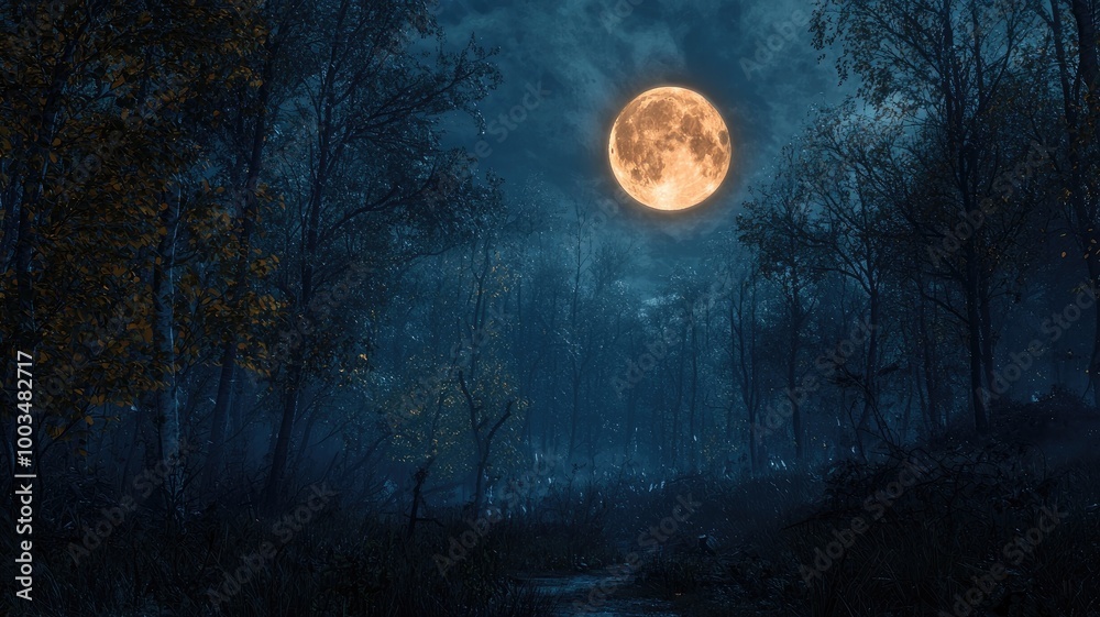 Fototapeta premium A Mystical Forest Path Under a Full Moon