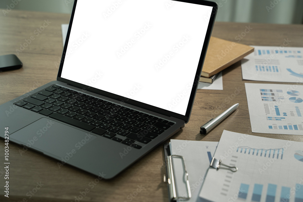 Laptop with blank screen on table. Workspace background new project on laptop computer with blank copy space screen for your advertising text message Laptop with blank screen on table. Workspace background new project on laptop computer with blank copy space screen for your advertising text message
