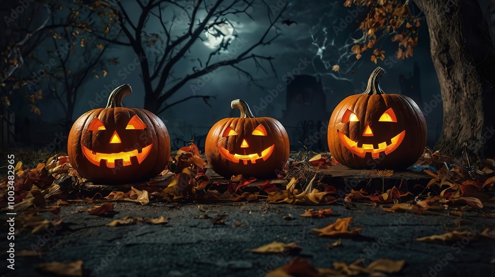 Halloween image is a cemetery with many graves and a moon in the sky giving a dim and scary light. There is a pumpkin carved with a devil's face. Halloween image is a cemetery with many graves and a moon in the sky giving a dim and scary light. There is a pumpkin carved with a devil's face.