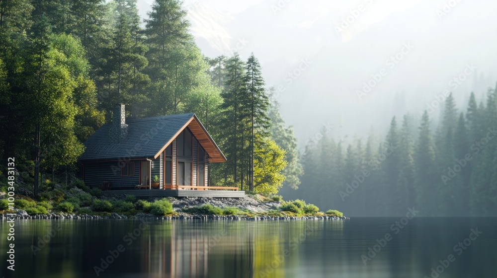 Fototapeta premium Cabin by the Lake in the Forest
