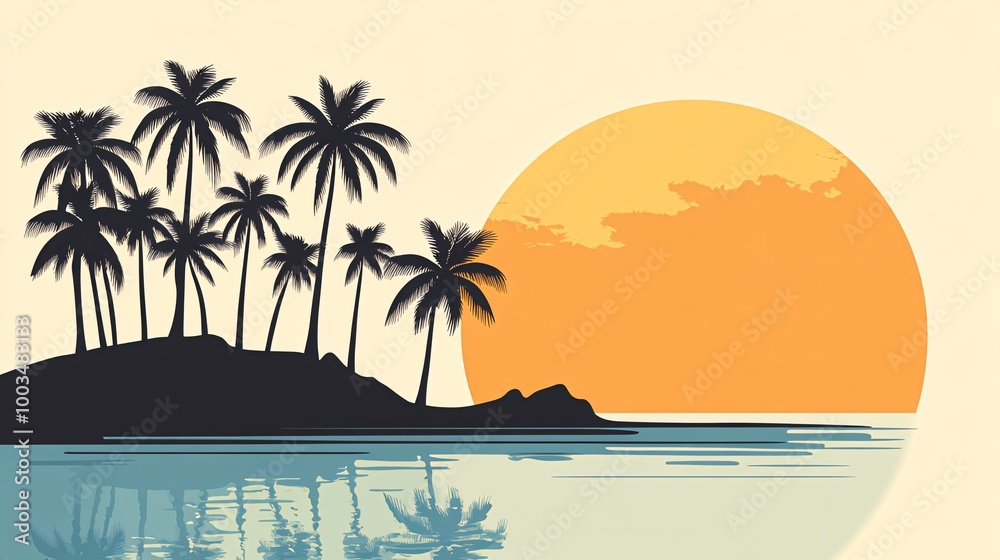 Obraz premium Silhouette of palm trees on an island at sunset with a large yellow sun.