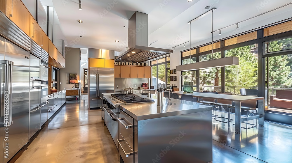 A modern kitchen with an island, stainless steel appliances, and sleek cabinetry. A modern kitchen with an island, stainless steel appliances, and sleek cabinetry.