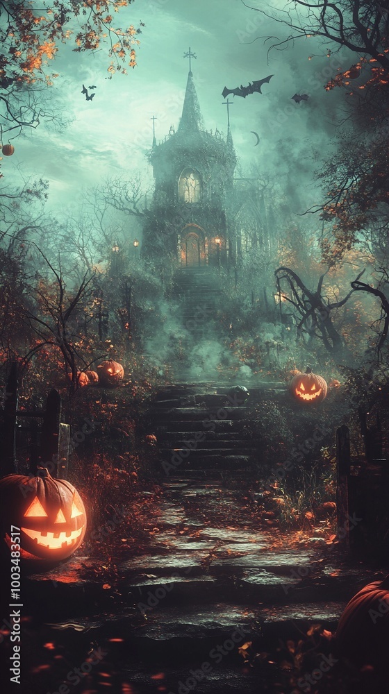 pumpkin in a spooky Graveyard at night pumpkin in a spooky Graveyard at night