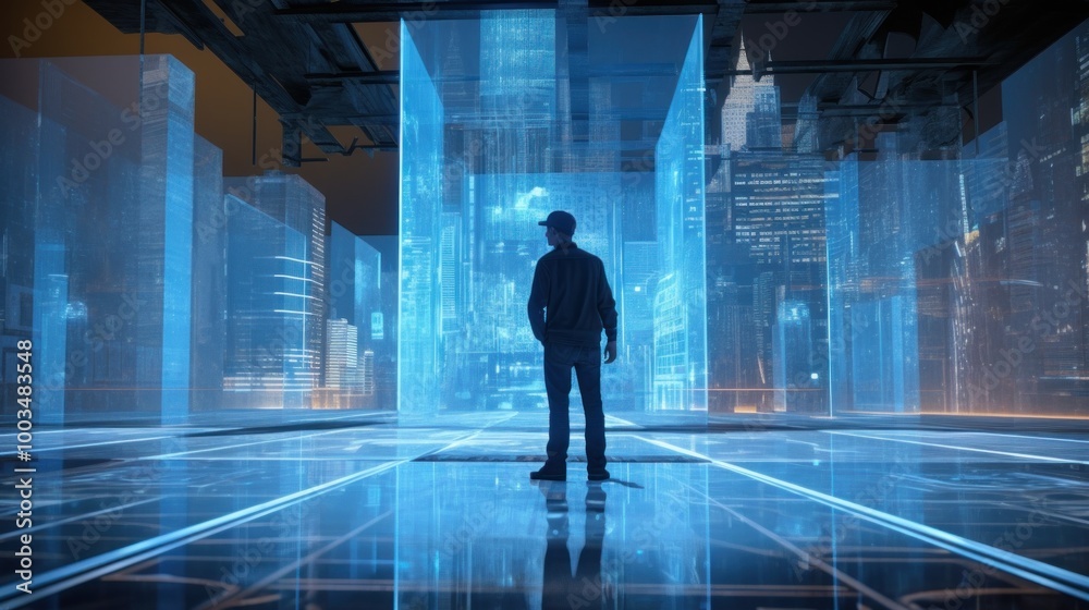A Man Stands in a Futuristic Cityscape A Man Stands in a Futuristic Cityscape