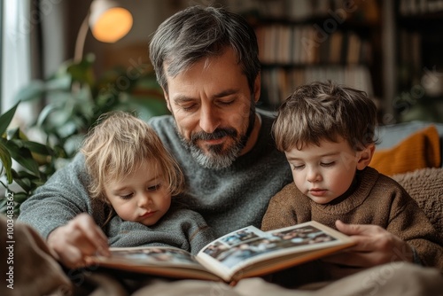 Mature father with two small children resting indoors at home, looking at photo album, Generative AI