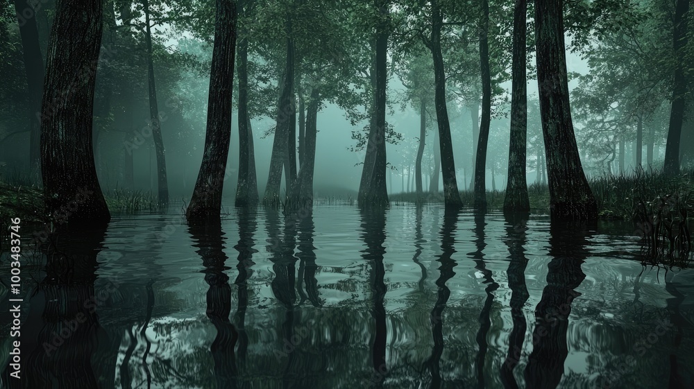 Obraz premium Misty Forest Reflection in Still Water