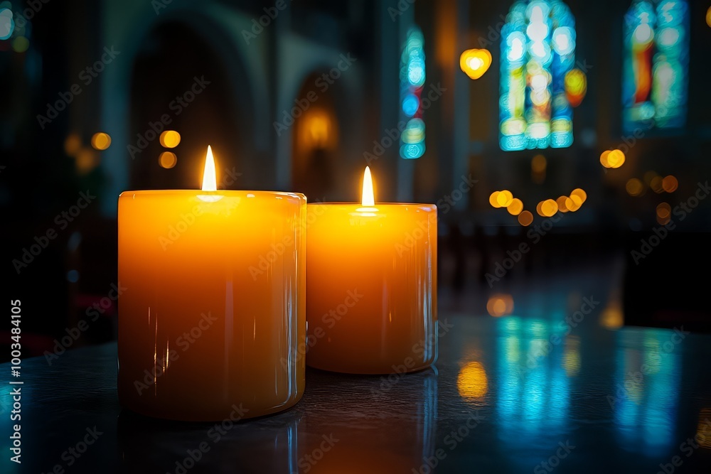 Lit candles in church with stained glass Lit candles in church with stained glass