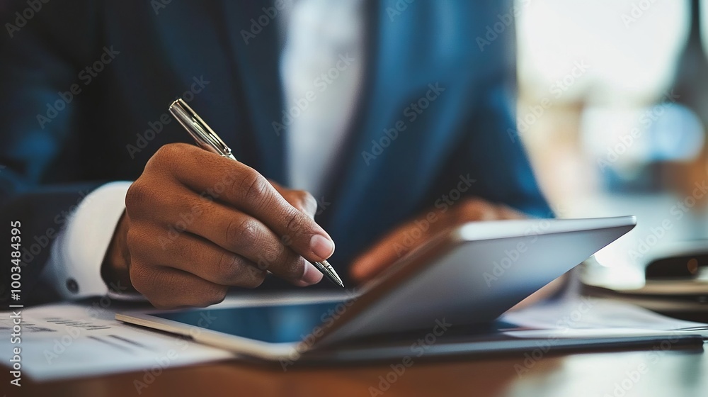 Obraz premium Professional Man Using Tablet to Write and Plan