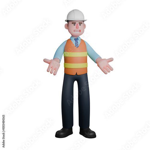 3D Design Expert Architect. An Architect stands with both hands outstretched forward with his palms facing up. Cartoon Male Specialist