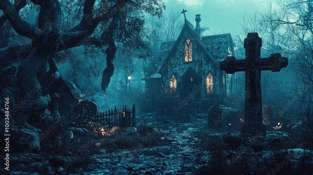 A Gothic Church and Cross Stand in a Dark Forest at Night A Gothic Church and Cross Stand in a Dark Forest at Night