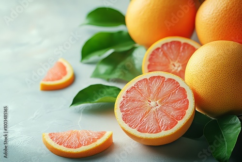 Whole and halved grapefruits with green leaves