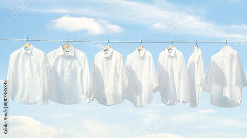 White shirts hanging on a laundry line against a blue sky, capturing a clean and fresh outdoor concept, symbolizing purity and freshness.