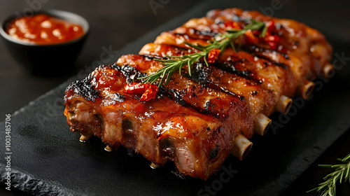 Mouthwatering Roasted Suckling Pig Dish with Chili Sauce on Elegant Black Stone Plate