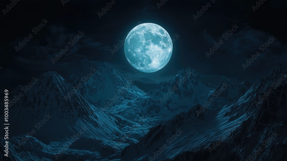 Fototapeta premium A Full Moon Illuminates Snowy Mountain Peaks at Night